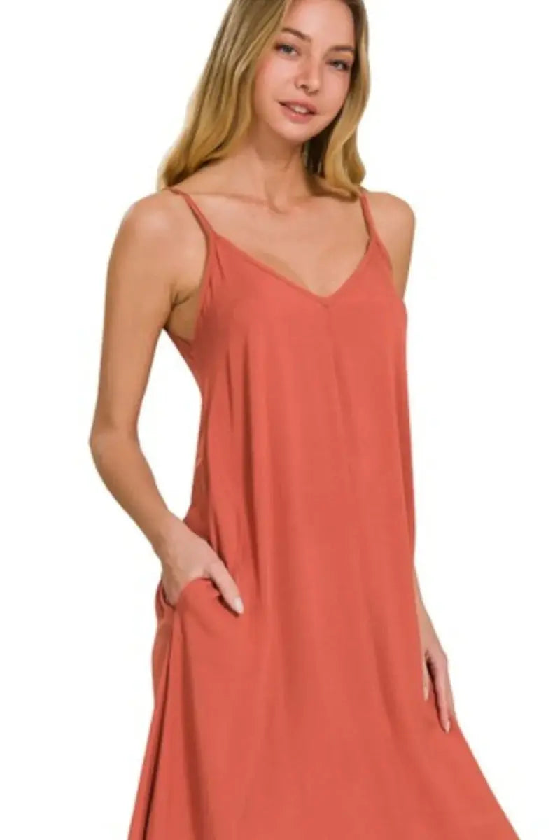 Zenana Woven Arc Hem Cami Midi Dress With Flowy Pockets - Love Salve